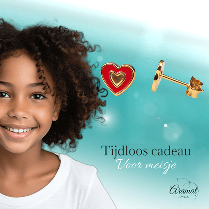 Goudkleurige hartjes oorbellen met rood emaille - oor6077 - Oorbellen kopen# - 6mm - alles - cadeau