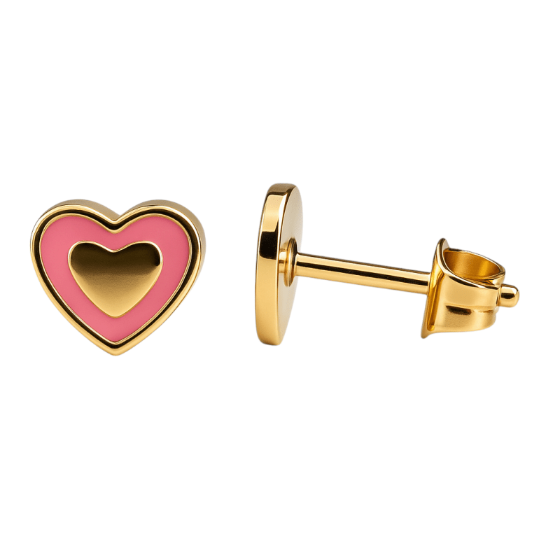 Goudkleurige hartjes oorbellen met roze emaille - oor6074 - Oorbellen kopen# - 6mm - alles - brandfoto
