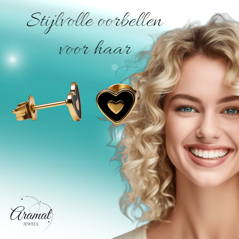 Goudkleurige hartjes oorbellen met zwart emaille - oor6075 - Oorbellen kopen# - 6mm - alles - cadeau