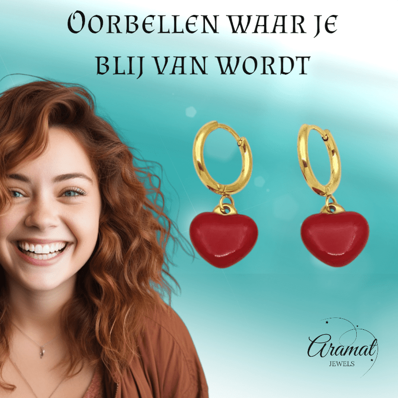 Goudkleurige Huggie Oorringen met Rood Hartje - oor6397 - 807432 - Oorringen kopen# - 14mm - alles - cadeau