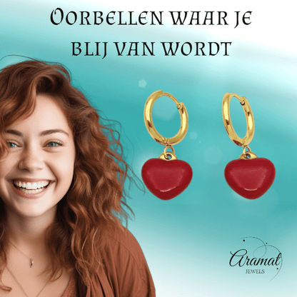 Goudkleurige Huggie Oorringen met Rood Hartje - oor6397 - 807432 - Oorringen kopen# - 14mm - alles - cadeau