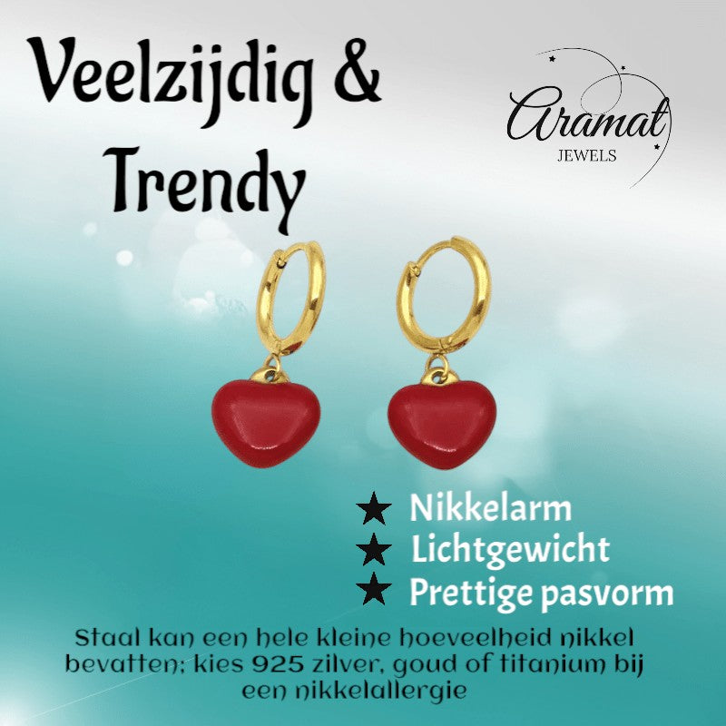 Goudkleurige Huggie Oorringen met Rood Hartje - oor6397 - 807432 - Oorringen kopen# - 14mm - alles - cadeau