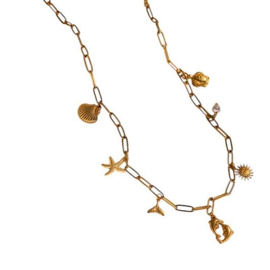 Goudkleurige ketting met parel & dolfijn bedels - 40cm - ket1163 - 599159 - Halskettingen kopen# - 40cm - alles - Bedelketting