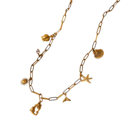 Goudkleurige ketting met parel & dolfijn bedels - 40cm - ket1163 - 599159 - Halskettingen kopen# - 40cm - alles - Bedelketting