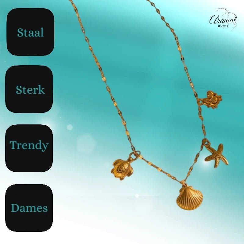 Goudkleurige ketting met schelpen & zeethema - bedels - ket1161 - 599157 - Halskettingen kopen# - 40cm - alles - Bedelketting