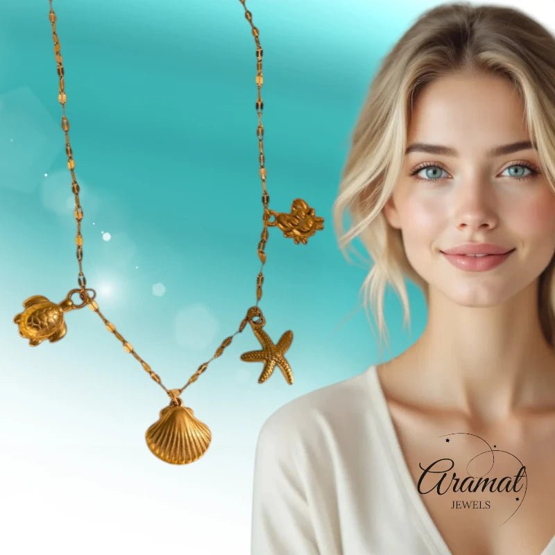 Goudkleurige ketting met schelpen & zeethema - bedels - ket1161 - 599157 - Halskettingen kopen# - 40cm - alles - Bedelketting