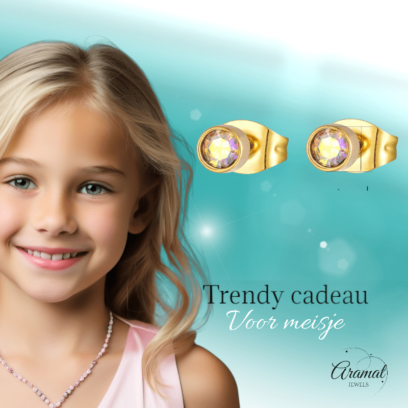 Goudkleurige kristallen oorbellen met AB glans – 3 mm - oor587 - XE38690 - Oorbellen kopen# - 3mm - AB - AB Transparant