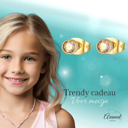 Goudkleurige kristallen oorbellen met AB glans – 3 mm - oor587 - XE38690 - Oorbellen kopen# - 3mm - AB - AB Transparant