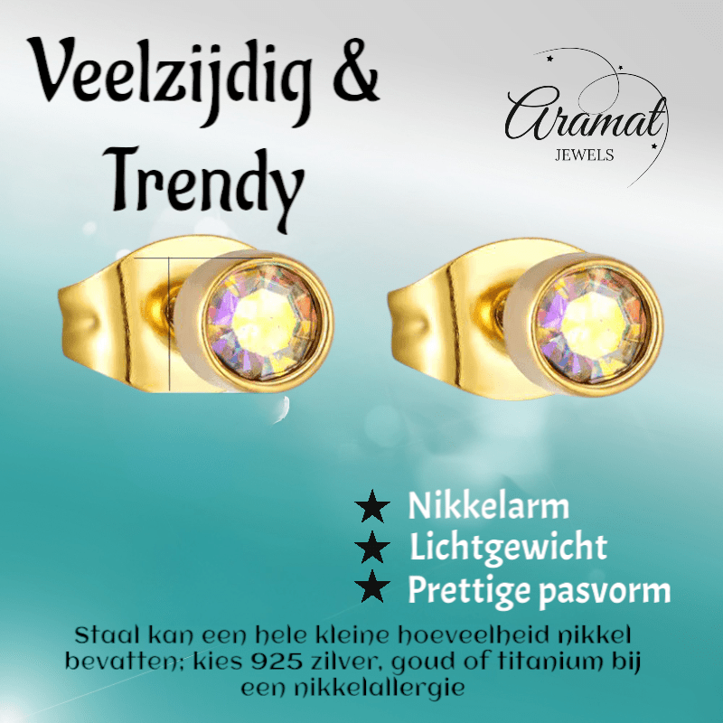 Goudkleurige kristallen oorbellen met AB glans – 3 mm - oor587 - XE38690 - Oorbellen kopen# - 3mm - AB - AB Transparant