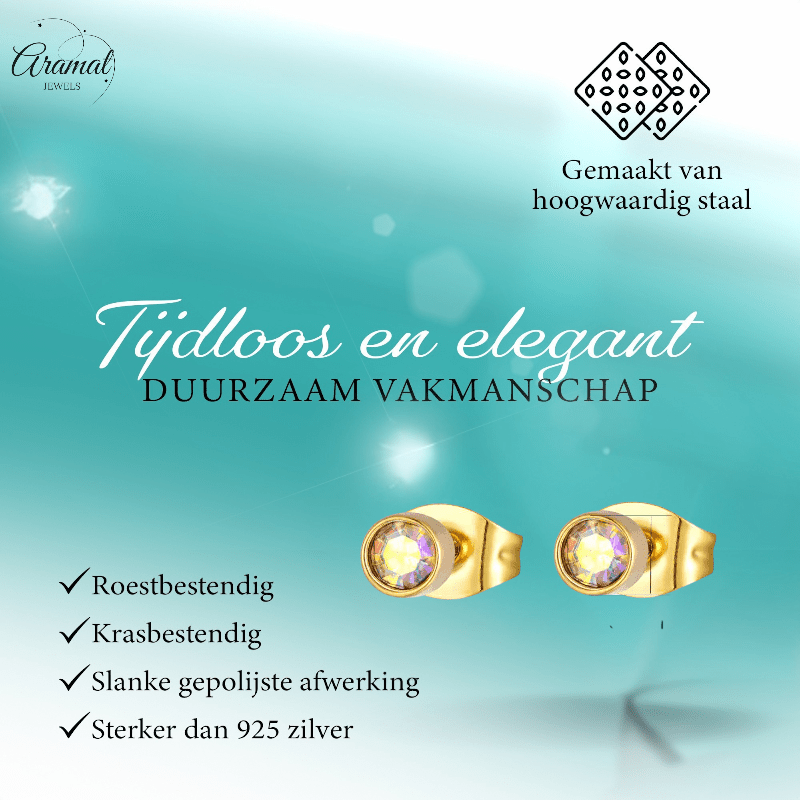 Goudkleurige kristallen oorbellen met AB glans – 3 mm - oor587 - XE38690 - Oorbellen kopen# - 3mm - AB - AB Transparant