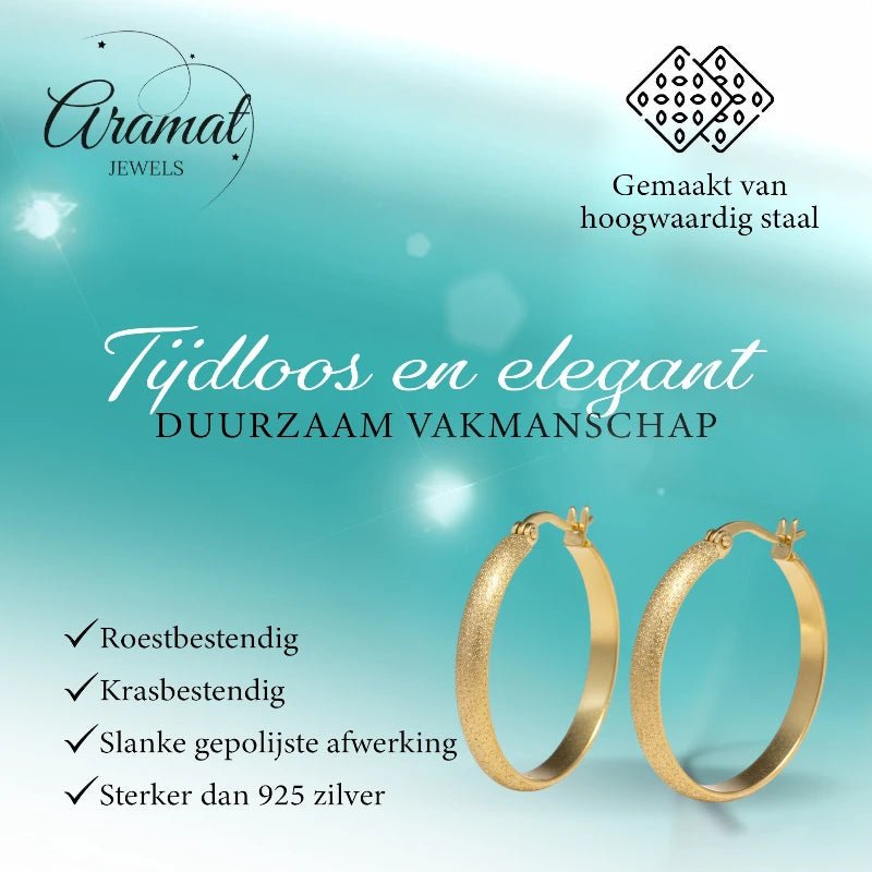 Goudkleurige Matte RVS Oorringen Sandblasted - 30 mm - Aramat Jewels - Oorringen - cadeautip