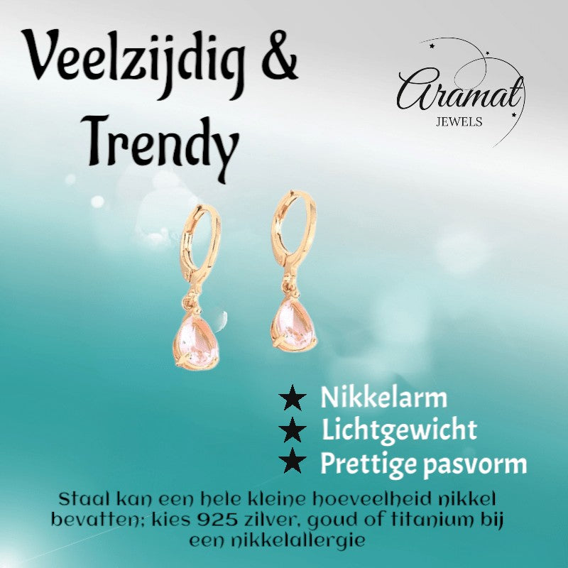 Goudkleurige Mini Oorringetjes Meisje – Roze Druppel Zirkonia – 10mm - oor6337 - 66132 - Oorringen kopen# - 10mm - alles - cadeau