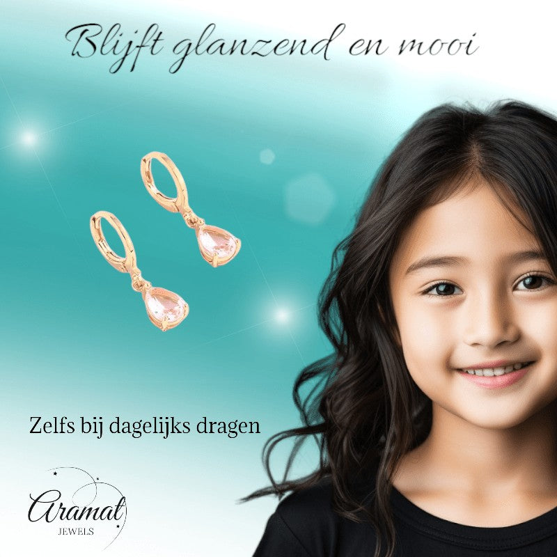 Goudkleurige Mini Oorringetjes Meisje – Roze Druppel Zirkonia – 10mm - oor6337 - 66132 - Oorringen kopen# - 10mm - alles - cadeau