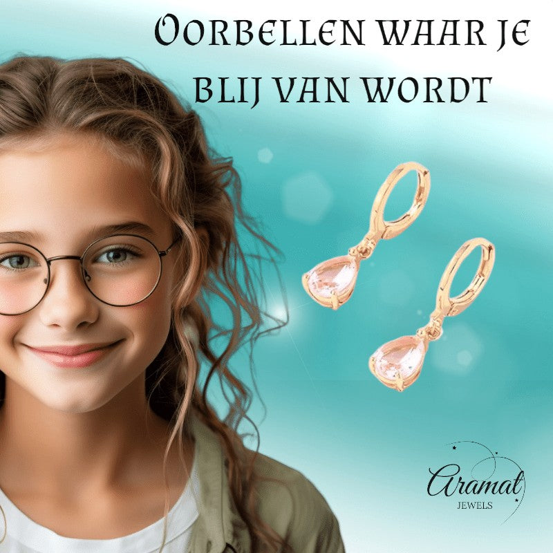 Goudkleurige Mini Oorringetjes Meisje – Roze Druppel Zirkonia – 10mm - oor6337 - 66132 - Oorringen kopen# - 10mm - alles - cadeau