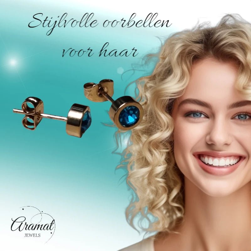 Goudkleurige oorbellen met aqua blauw zirkonia 6mm - oor4482 - Oorbellen kopen# - 6mm - alles - Aqua Blauw