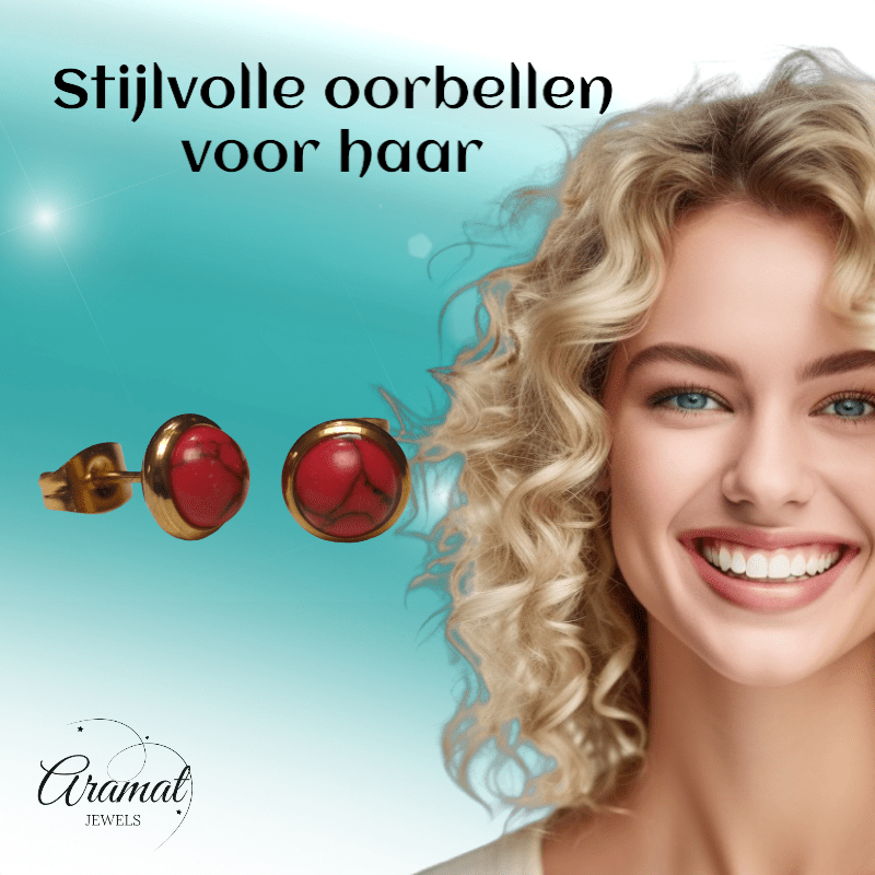Goudkleurige oorbellen met rode gemarmerde steen 8mm - oor3248 - Oorbellen kopen# - 8mm - alles - cadeau