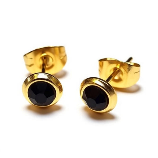 Stainless Steel Earrings Black Crystal Gold Color Round 6mm - Elegant Stud Earrings 