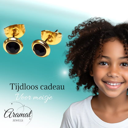 Stainless Steel Earrings Black Crystal Gold Color Round 6mm - Elegant Stud Earrings 