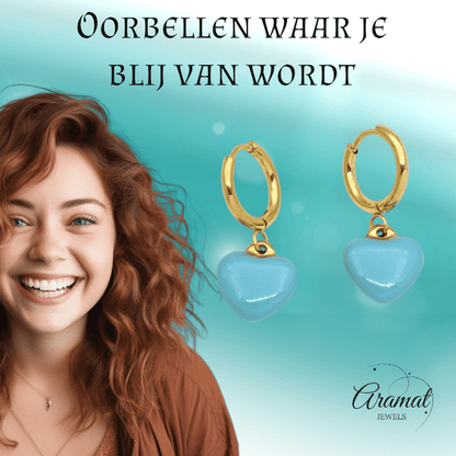 Goudkleurige Oorringen met Blauw Hartje - oor6398 - 807431 - Oorringen kopen# - 14mm - alles - blauw