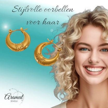 Goudkleurige oorringen met bloem 22x21mm - oor6371 - 789978 - Oorringen kopen# - 22mm - alles - bloem