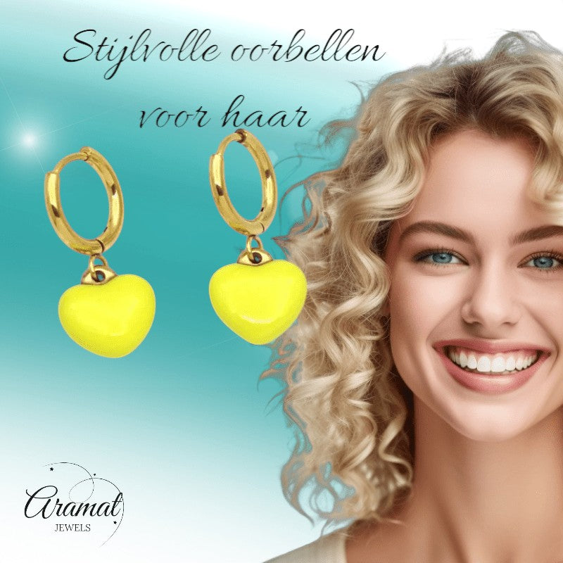 Goudkleurige Oorringen met Geel Hartje - oor6396 - 807433 - Oorringen kopen# - 14mm - alles - cadeau
