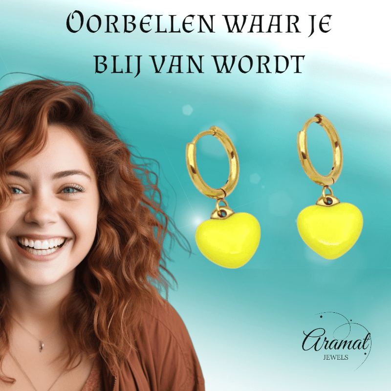 Goudkleurige Oorringen met Geel Hartje - oor6396 - 807433 - Oorringen kopen# - 14mm - alles - cadeau
