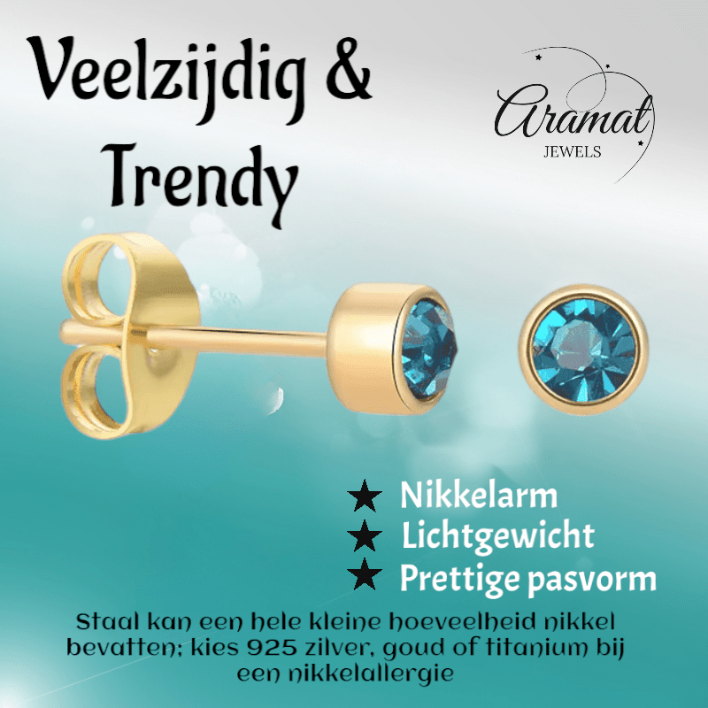 Goudkleurige Oorstekers 4mm - Zeeblauw Kristal - oor4603 - Oorbellen kopen# - 4mm - alles - cadeau