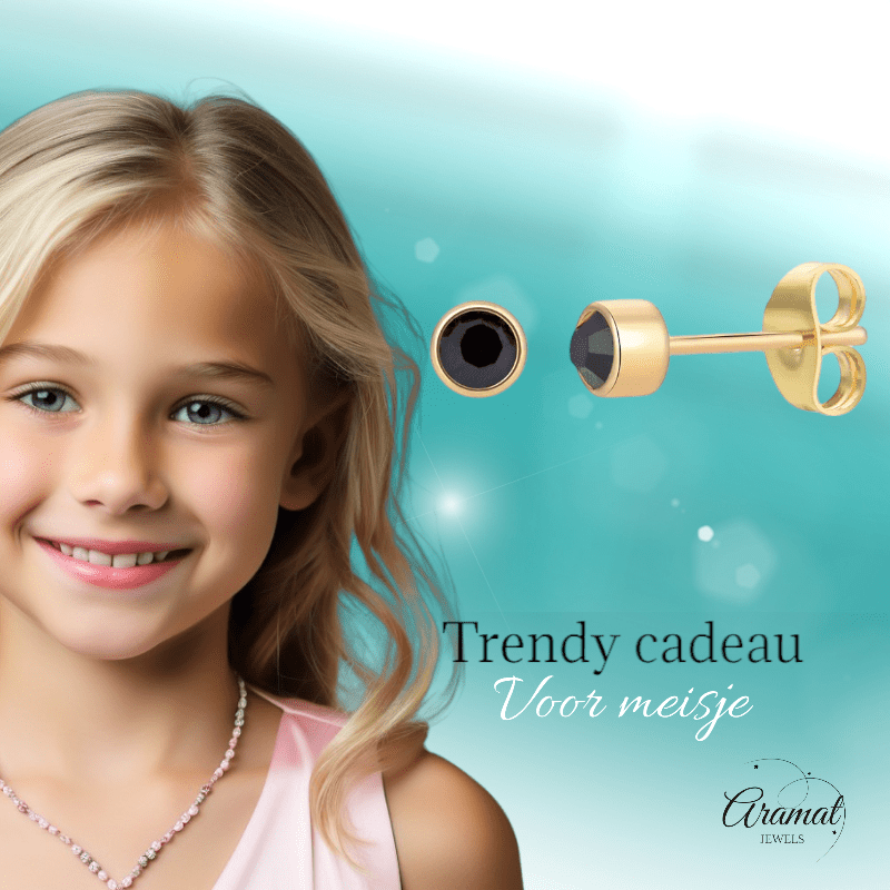 Goudkleurige Oorstekers 4mm - Zwart Kristal - oor1892 - XE58219 - Oorbellen kopen# - 4mm - alles - cadeau