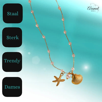 Goudkleurige parelketting met schelp & zeester – 40+5 cm - ket1182 - 599155 - Halskettingen kopen# - 40cm - alles - Bedelketting