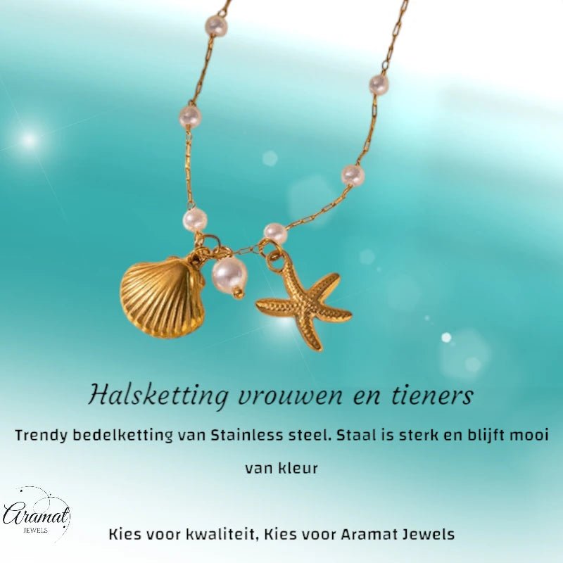 Goudkleurige parelketting met schelp & zeester – 40+5 cm - ket1182 - 599155 - Halskettingen kopen# - 40cm - alles - Bedelketting