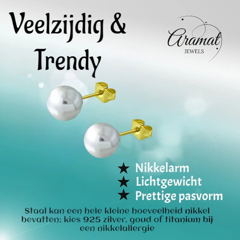 Goudkleurige Pareloorbellen 8mm - RVS - oor2599 - EWX248 - Oorbellen kopen# - 8mm - alles - dames