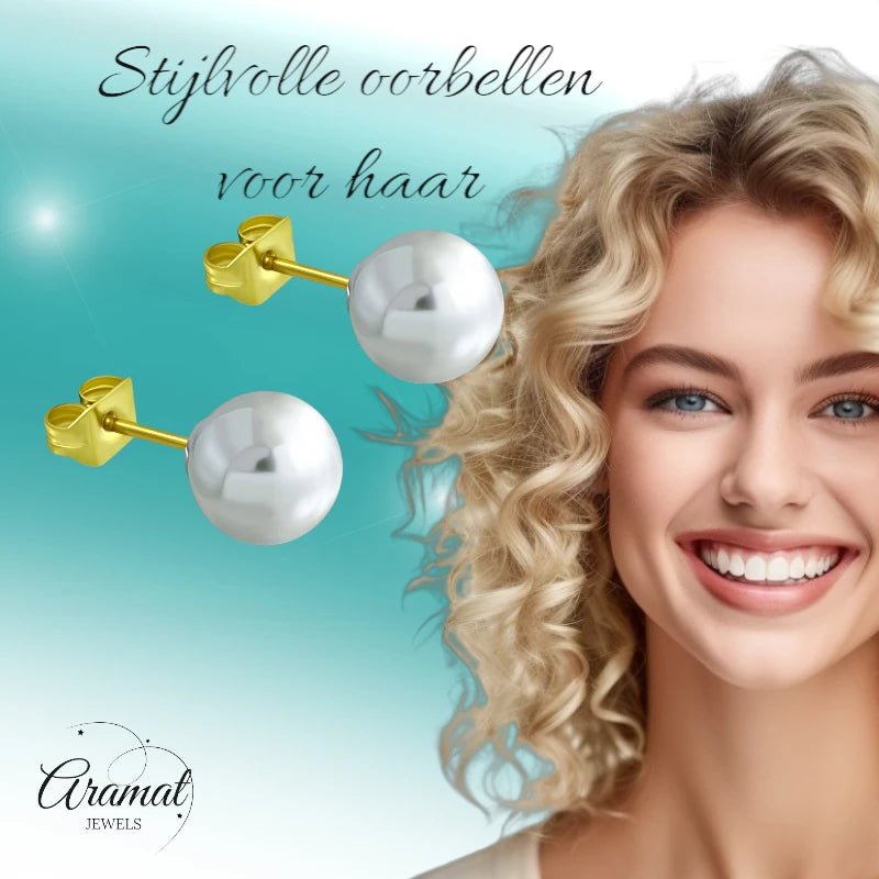 Goudkleurige Pareloorbellen 8mm - RVS - oor2599 - EWX248 - Oorbellen kopen# - 8mm - alles - dames