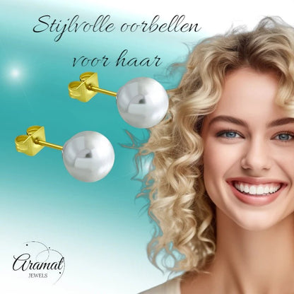 Goudkleurige Pareloorbellen 8mm - RVS - oor2599 - EWX248 - Oorbellen kopen# - 8mm - alles - dames