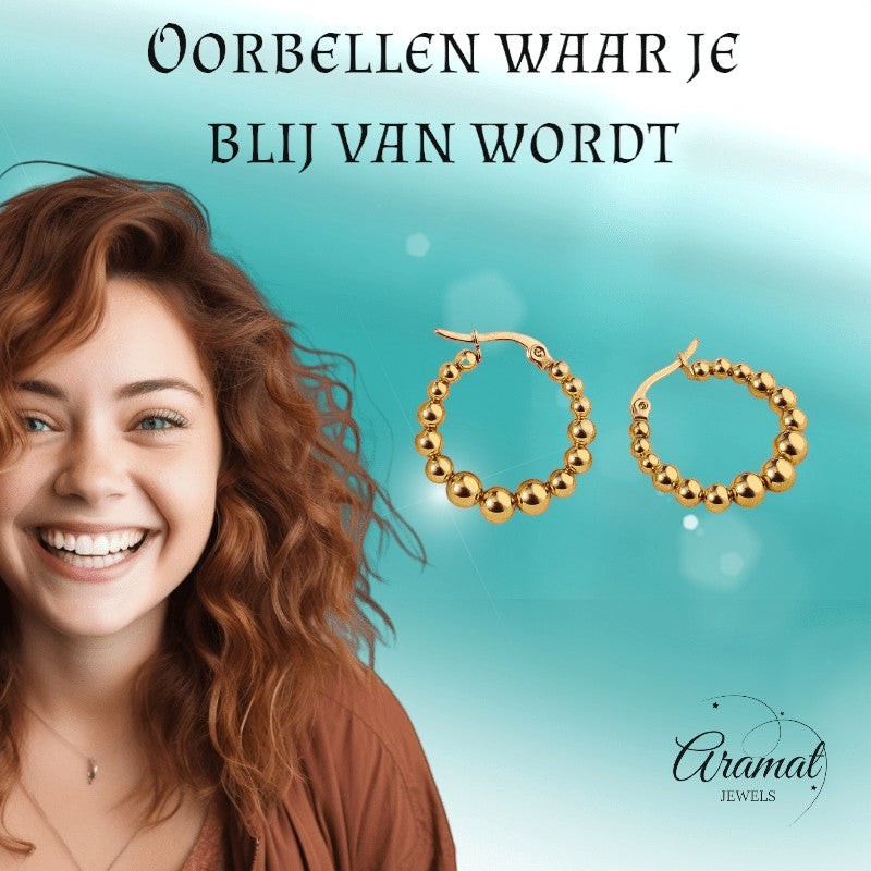 Goudkleurige Ronde Oorringen 25mm – Bolletjesmotief – RVS - oor6342 - 514388 - Oorringen kopen# - 25mm - alles - bolletjes