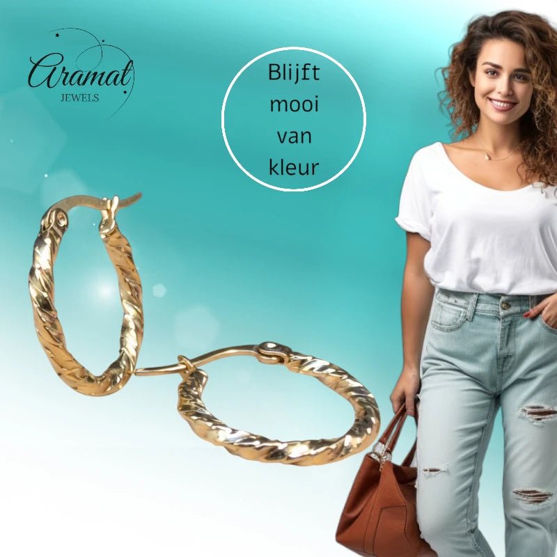 Goudkleurige RVS Oorringen met Gevlochten Design - 20 mm - Aramat Jewels - Oorringen - cadeautip