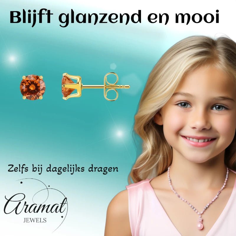 Goudkleurige RVS Oorstekers Geboortesteen Juli - Roodoranje Zirkonia - Aramat Jewels - Oorbellen - cadeautip