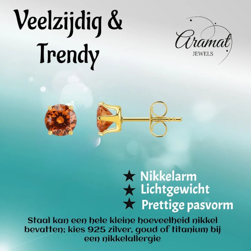 Goudkleurige RVS Oorstekers Geboortesteen Juli - Roodoranje Zirkonia - Aramat Jewels - Oorbellen - cadeautip