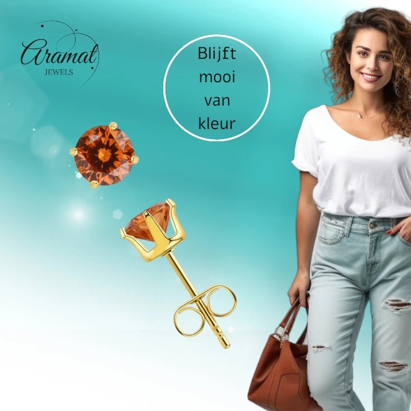 Goudkleurige RVS Oorstekers Geboortesteen Juli - Roodoranje Zirkonia - Aramat Jewels - Oorbellen - cadeautip