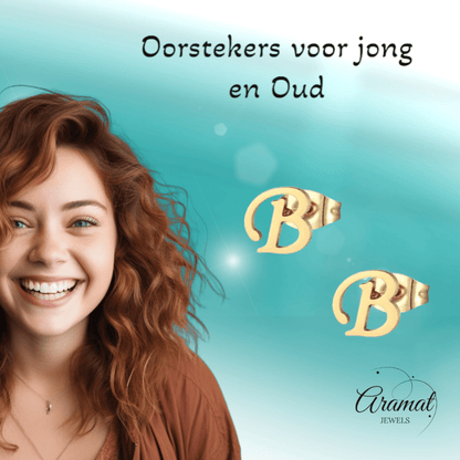 Goudkleurige RVS oorstekers Letter B - Aramat Jewels - Oorbellen - cadeautip