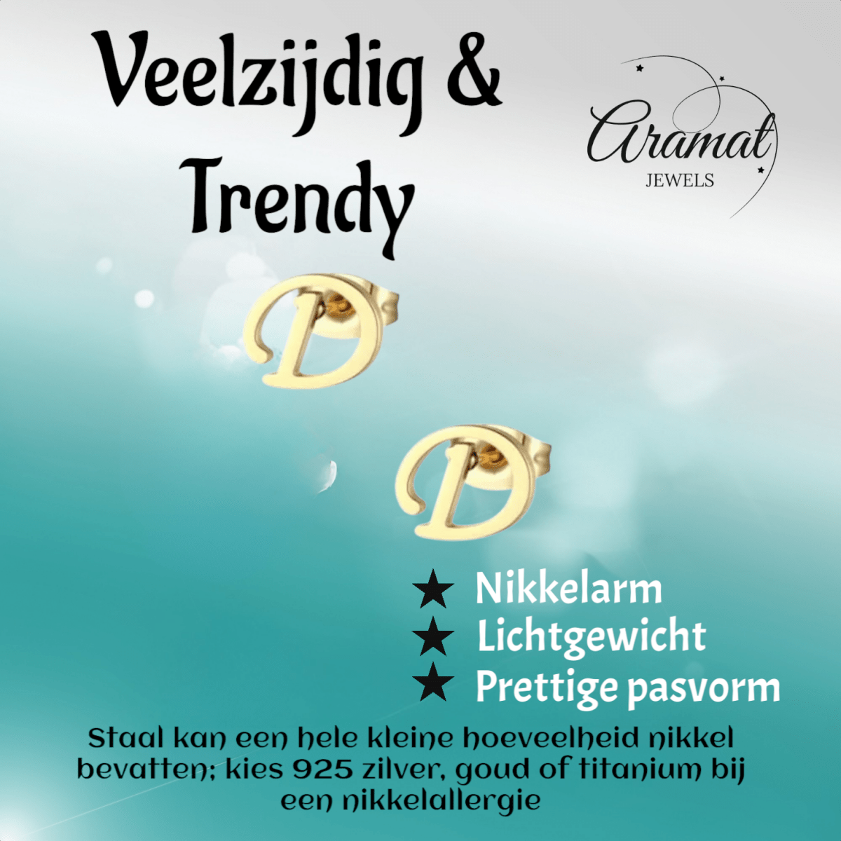 Goudkleurige RVS oorstekers Letter D - Aramat Jewels - Oorbellen - cadeautip