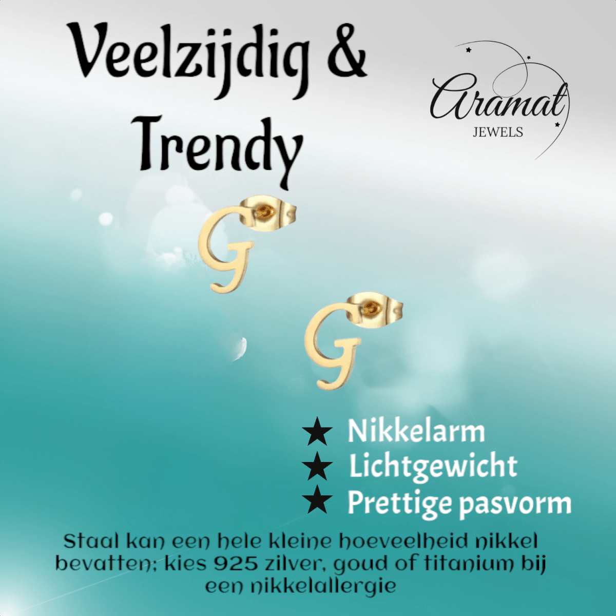 Goudkleurige RVS oorstekers Letter G - Aramat Jewels - Oorbellen - cadeautip