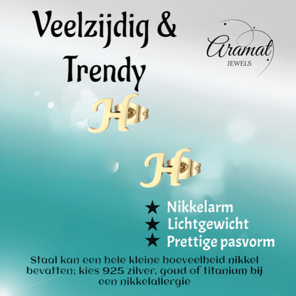 Goudkleurige RVS oorstekers Letter H - Aramat Jewels - Oorbellen - cadeautip