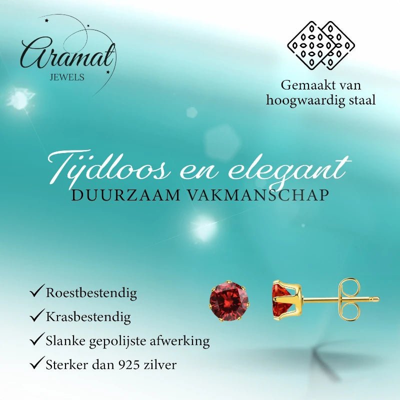 Goudkleurige RVS Oorstekers met Rode Zirkonia - vanaf 3 mm - Aramat Jewels - Oorbellen - cadeautip