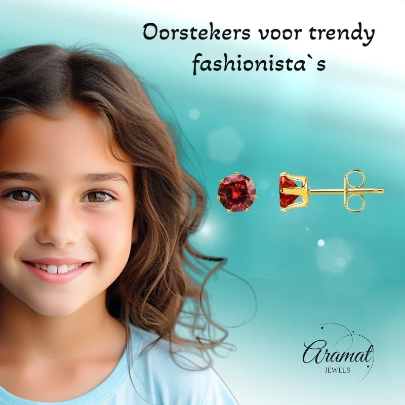 Goudkleurige RVS Oorstekers met Rode Zirkonia - vanaf 3 mm - Aramat Jewels - Oorbellen - cadeautip