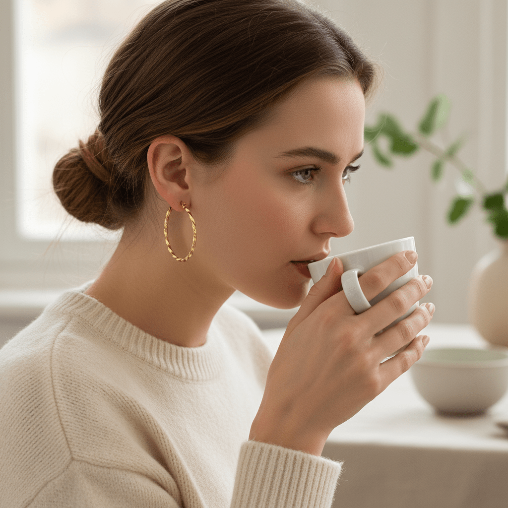 Goudkleurige RVS Swirl Hoepeloorbellen - 30 mm - Aramat Jewels - Oorbellen - cadeautip