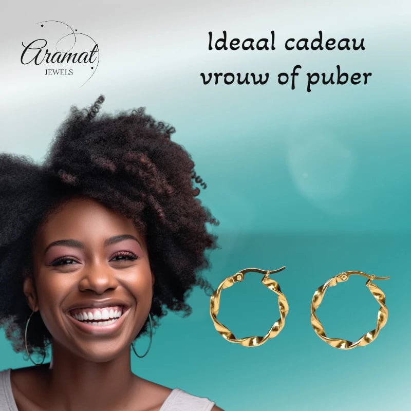 Goudkleurige RVS Wokkeloorringen Gedraaid - 20 mm - Aramat Jewels - Oorringen - cadeautip