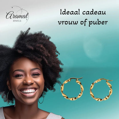 Goudkleurige RVS Wokkeloorringen Gedraaid - 20 mm - Aramat Jewels - Oorringen - cadeautip