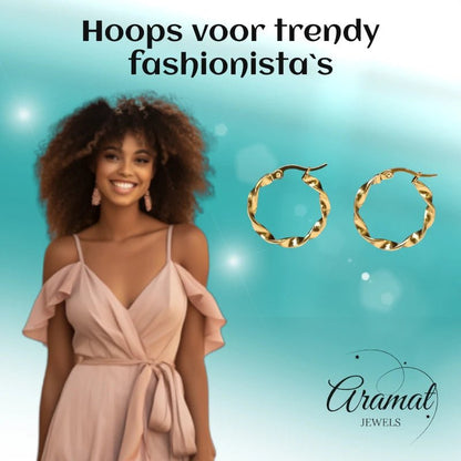 Goudkleurige RVS Wokkeloorringen Gedraaid - 20 mm - Aramat Jewels - Oorringen - cadeautip