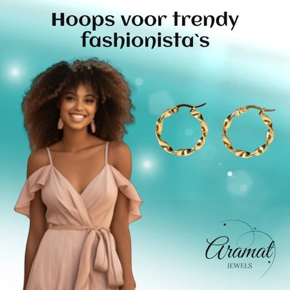 Goudkleurige RVS Wokkeloorringen Gedraaid - 20 mm - Aramat Jewels - Oorringen - cadeautip