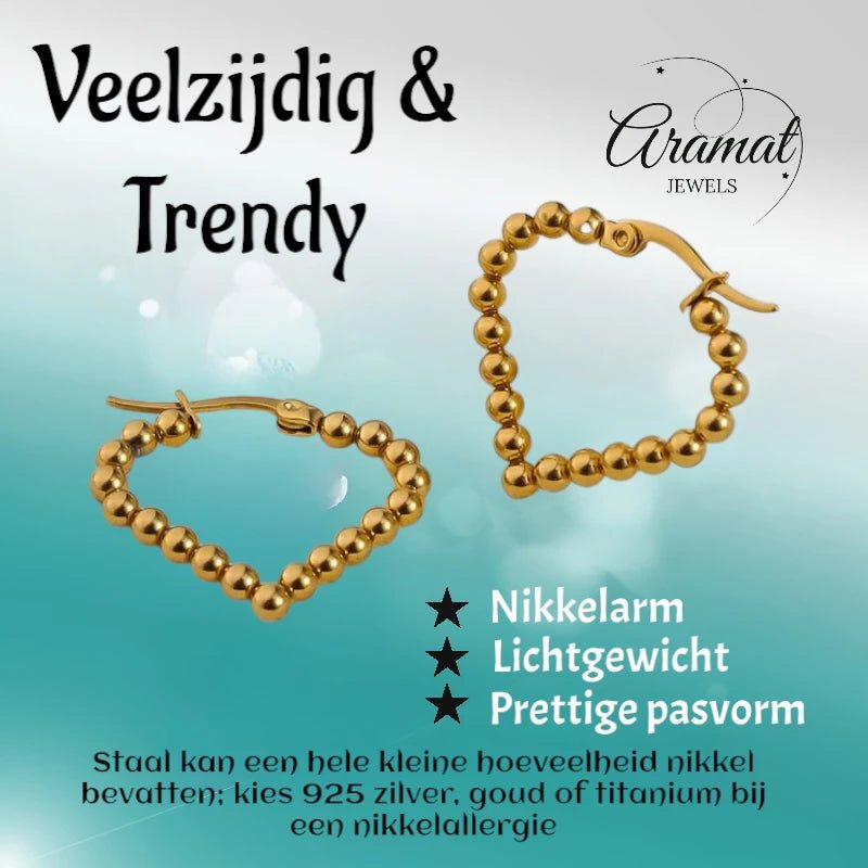 Goudkleurige stainless steel druppelvormige oorringen met bolletjesmotief – 33 mm - oor6410 - 514399 - Oorringen kopen# - 33mm - alles - bolletjes